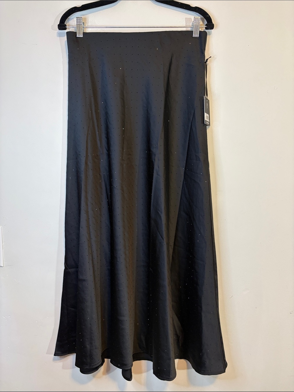 NWT Black Satin Maxi Skirt Small Mini Black Rhinestones Bedazzled Sparkle Shine✨